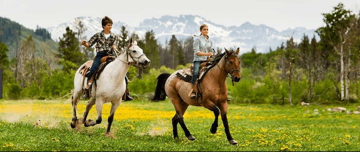 Confident plus-size woman riding Stroud a horse through a field with a smile on her face.